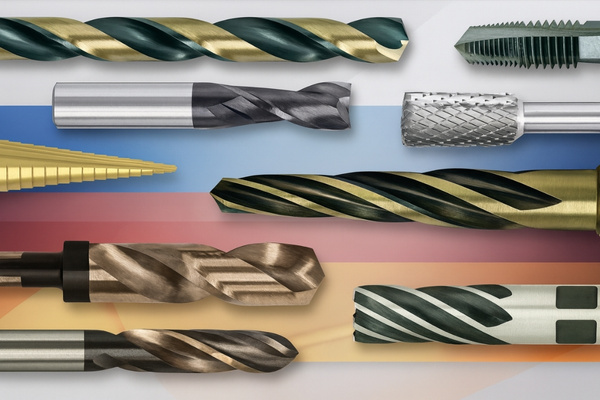 Assorted drill bits arranged horizontally on a colorful gradient background, showcasing different types and coatings for wood, metal, and masonry drilling